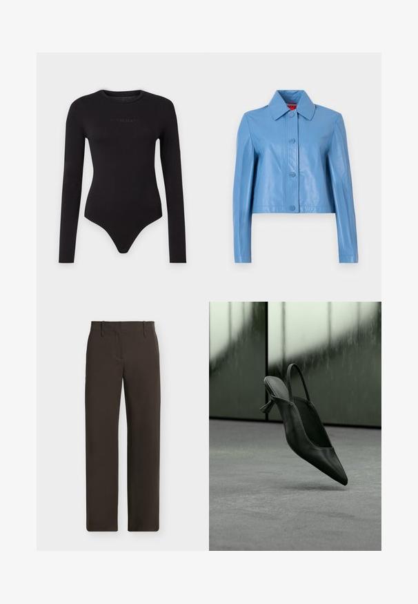 Kort lyseblå læderjakke med lange ærmer, bred krave og fire trykknapper foran.; Sort langærmet bodysuit lavet af blødt stof, med rund hals og en struktureret "Guess Jeans" logo på forsiden.; Mørkebrune bukser med lige ben, bæltestropper og forlommer, vist fladt på en lys baggrund.; Sort læder slingback højhælet sko med spids tå svævende over gråt tæppe, sløret grønlig væg i baggrunden.