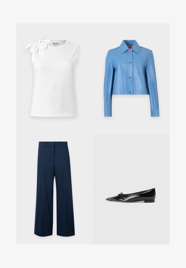 Veste en cuir bleu clair raccourcie avec manches longues, col large et quatre boutons-pression à l'avant.; Haut blanc sans manches avec encolure ronde et un grand nœud en tissu sur l'épaule gauche, présenté sur un fond uni.; Pantalon large bleu marine avec fermeture bouton et zip, passants de ceinture et plis sur l'avant, sur un fond uni.; Chaussure plate en cuir verni noir avec un bout pointu, une petite lanière décorative et un petit talon carré. Texture lisse et design épuré.