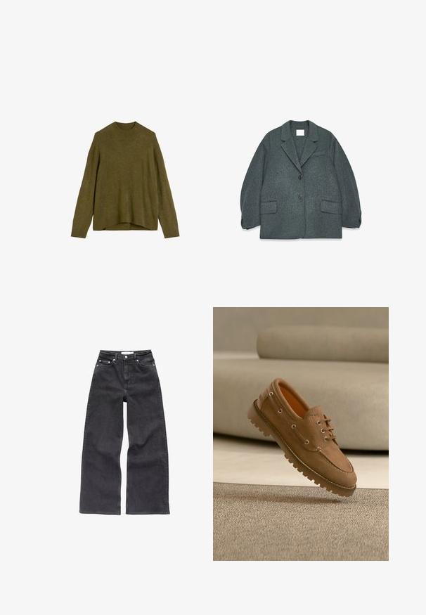 Mørkegrå uldblandingsblazer med notched krave, to frontlommer og to knapper. Glat tekstur med en let oversized pasform.; Olivengrøn strikketrøje med ribbet rund hals, drop shoulder-ærmer og en løs pasform. Kantene er lidt længere bagtil.; Sorte vidde jeans lavet af denim; med fem lommer, høj talje og subtile whisker-detaljer foran.; Brun ruskind snørestøvle med tyk rillede sål på tekstureret beige tæppe og sløret beige sofa i baggrunden.