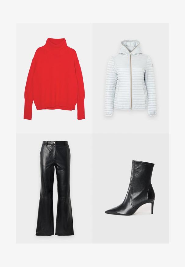 Veste matelassée gris clair à capuche avec fermeture éclair frontale et deux poches latérales, conçue pour temps froid.; Pull en maille rouge à col montant avec une coupe décontractée, manches longues, poignets et ourlet côtelés. Texture lisse et couleur uniforme.; Pantalons en faux cuir noir avec taille haute, fermeture à boutons, passants de ceinture et jambes évasées sur fond blanc.; Bottes noires à la cheville en cuir lisse, dotées d'un bout pointu, d'un tige ajustée et d'un talon haut fin. Design minimaliste sans quincaillerie visible.