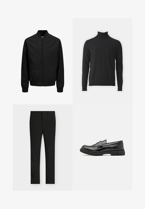 Sort bomberjakke med frontlynlås, ribbet krave, manchetter og linning, lange ærmer og en glat finish.; Sort turtleneck sweater lavet af blødt stof, med lange ærmer og ribbet krave, en glat tekstur og tætsiddende design.; Sorte slim fit bukser med bæltestropper, foran lynlås og fladt frontparti, vist på en lys grå baggrund.; Sort læder loafersko med en bred rem over forfoden, gummisål med tykke mønstre og glat overflade. Klassisk, slankt design.