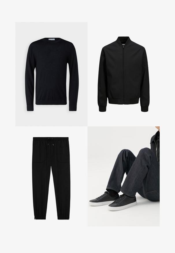 Chaqueta bomber negra con cremallera frontal, cuello, puños y cinturilla acanalados, mangas largas y acabado liso.; Jersey negro de manga larga con cuello redondo y puños y dobladillo acanalados, mostrado sobre un fondo blanco.; Pantalones jogger negros con cintura elástica, cordón ajustable, bolsillos frontales de parche y puños elásticos sobre un fondo blanco.; Persona sentada con las piernas dobladas, vistiendo vaqueros azul oscuro y zapatillas bajas negras con suelas blancas sobre un fondo blanco.