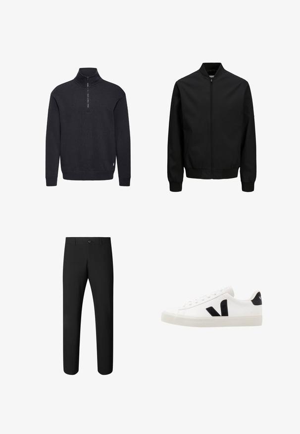 Veste bomber noire avec fermeture éclair à l'avant, col, poignets et ceinture côtelés, manches longues et finition lisse.; Pull-over noir à manches longues avec col montant et fermeture à glissière partielle à l'avant, poignets et ourlet côtelés.; Pantalon noir slim avec fermeture à bouton et passants, conçu pour une tenue formelle ou de bureau.; Sneaker blanche en cuir avec des accents en daim noir ; dispose d'une semelle en caoutchouc, d'un bout rond et d'un design classique à lacets. Logo latéral en noir.