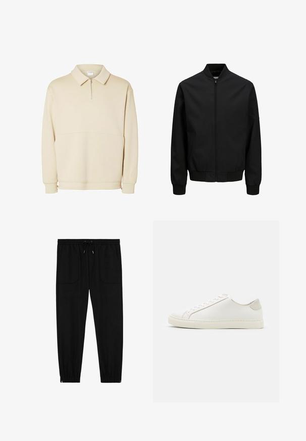 Sort bomberjakke med frontlynlås, ribbet krave, manchetter og linning, lange ærmer og en glat finish.; Beige pullover sweatshirts lavet af blødt stof, med lynlås i halsen, krave og en afslappet pasform med en simpel vandret sømdetalje.; Sorte joggingbukser med elastik i taljen, snøre, forlommer med lapper og elastiske manchetter på hvid baggrund.; Hvide lædersneakers med en glat overflade, rund tå og minimalistisk design. Funktioner i beige nuancer på hælen og en gummisål.