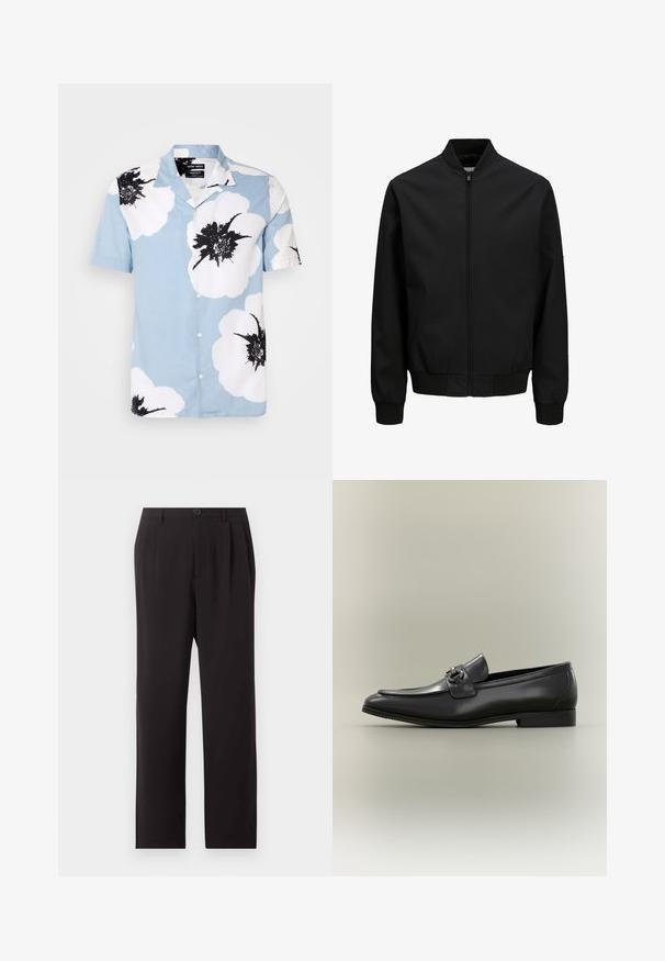 Schwarze Bomberjacke mit frontalem Reißverschluss, geripptem Kragen, Bündchen und Bund, langen Ärmeln und glattem Finish.; Kurzarm-Hemd aus leichtblauem Stoff mit großen weißen Blumen und schwarzen Akzenten. Mit einem Camp-Kragen und lässiger Passform.; Schwarze, hoch taillierte, maßgeschneiderte Hose mit Falten, Knopfverschluss, Gürtelschlaufen und geraden Beinen auf einem schlichten hellen Hintergrund.; Schwarzer Herren-Loafer aus Leder mit niedrigem Absatz und Metallschnalle auf der Oberseite, seitlich auf neutralem Hintergrund gezeigt.