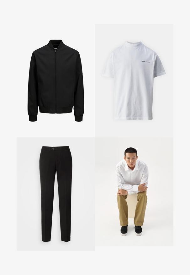 Schwarze Bomberjacke mit frontalem Reißverschluss, geripptem Kragen, Bündchen und Bund, langen Ärmeln und glattem Finish.; Weißes Baumwoll-T-Shirt mit hohem Ausschnitt und kurzen Ärmeln. Mit schwarzem "SAMSØE SAMSØE" Logo auf der Vorderseite. Glatte Textur.; Schwarze gerade geschnittene Hose aus glattem Stoff mit einem Knopfverschluss und seitlichen Taschen im klassischen Design.; Junger Mann in weiß gestreiftem Hemd und khakifarbener Hose sitzt nach vorne gelehnt auf einem Hocker mit verschränkten Armen und schaut direkt geradeaus vor weißem Hintergrund.