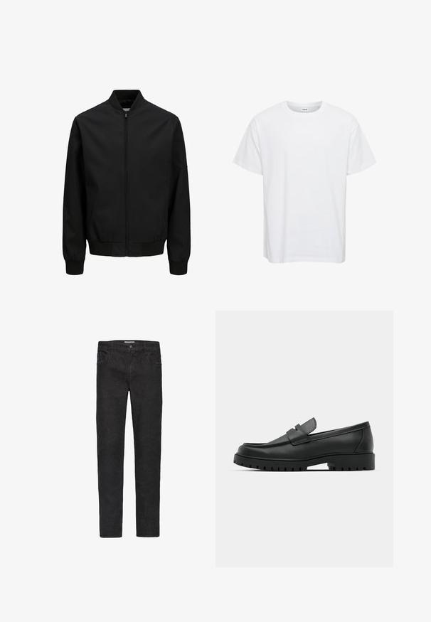 Schwarze Bomberjacke mit frontalem Reißverschluss, geripptem Kragen, Bündchen und Bund, langen Ärmeln und glattem Finish.; Weißes Baumwoll-T-Shirt mit kurzen Ärmeln, Rundhalsausschnitt und lockerer Passform. Glatte Textur, keine Muster oder Akzente. Einfaches Design.; Schwarze Denim-Jeans mit geradem Schnitt. Zu den Merkmalen gehören fünf Taschen, ein Knopfverschluss und dezente Nähte entlang der Säume.; Schwarze Lederloafer mit runder Zehenform, ausgestattet mit einem gesteppten Design, niedrigem Plattformsohle und einer strukturierten, genoppten Gummisohle.