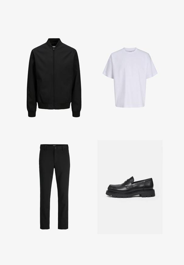 Veste bomber noire avec fermeture éclair à l'avant, col, poignets et ceinture côtelés, manches longues et finition lisse.; T-shirt blanc uni à manches courtes et col rond, affiché sur fond blanc, vue de face sans logos ni motifs visibles.; Pantalon noir slim-fit avec passants pour ceinture, fermeture par bouton et devant lisse.; Mocassin en cuir noir avec semelle épaisse crantée et détail de bride penny, présenté en profil droit sur fond blanc.