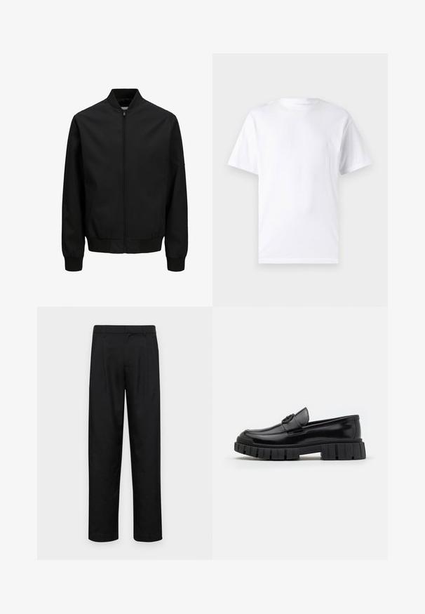 Sort bomberjakke med frontlynlås, ribbet krave, manchetter og linning, lange ærmer og en glat finish.; Hvid kortærmet t-shirt lavet af bomuld med rund hals, der har en glat tekstur og et simpelt design uden mønstre eller accenter.; Sorte bukser lavet af glat stof, med et lige ben-design, to frontfolder og en standard talje med bæltestropper.; Sorte læderloafers med tykke, rillet gummisåler. Har en rund tå og en dekorativ rem med et logoaccent. Glat overflade.