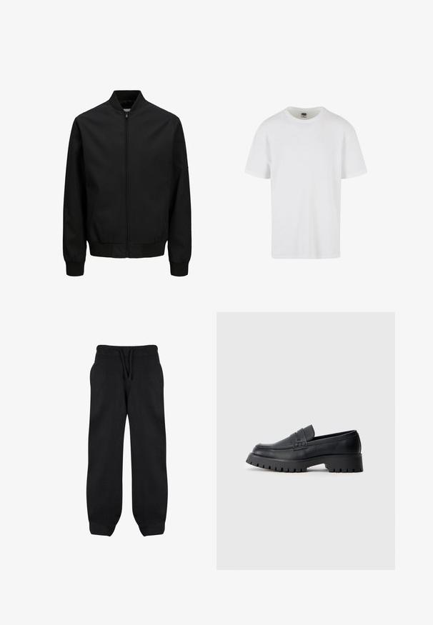 Chaqueta bomber negra con cremallera frontal, cuello, puños y cinturilla acanalados, mangas largas y acabado liso.; Camiseta blanca de manga corta hecha de algodón texturizado. Presenta un cuello redondo y un dobladillo recto. Diseño minimalista sin logotipos visibles.; Pantalones de chándal negros con cintura elástica, cordón y bolsillos laterales. Fabricados con una tela suave, tienen un corte holgado y tobillos ajustados.; Mocasines de cuero negro con punta redondeada, que presentan una correa decorativa y una suela de goma gruesa con surcos profundos para mayor tracción.