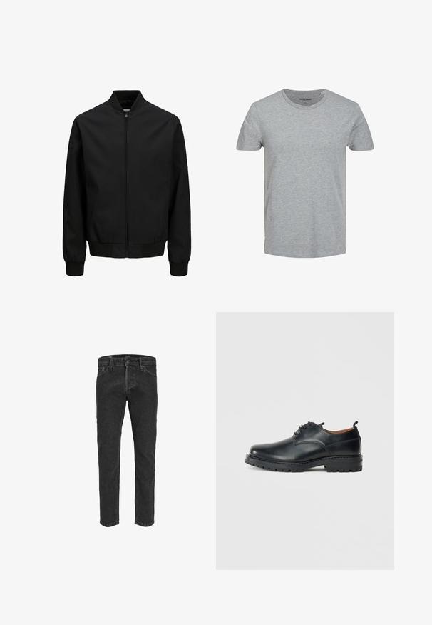 Sort bomberjakke med frontlynlås, ribbet krave, manchetter og linning, lange ærmer og en glat finish.; Grå kortærmet T-shirt lavet af blød bomuld. Har en klassisk rund halsudskæring og en regulær pasform. Enkel design uden mønstre eller detaljer.; Sorte denimbukser med lige ben, fem lommer og bæltestropper, der har en let falmet tekstur og kontraststing. ; Sorte læder derby-sko med en glat overflade, rund tå, snøre-design og en tyk, robust gummisål.