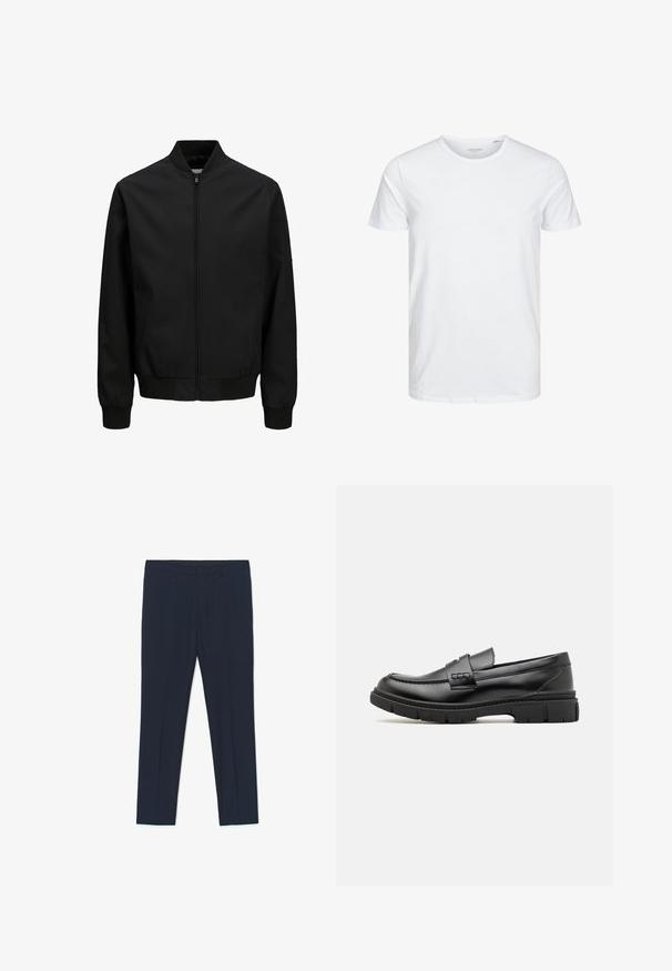 Chaqueta bomber negra con cremallera frontal, cuello, puños y cinturilla acanalados, mangas largas y acabado liso.; Camiseta de manga corta y cuello redondo en blanco sólido, fabricada en algodón suave, presenta un diseño simple sin patrones ni acentos visibles.; Pantalones formales azul marino con un diseño entallado, textura suave y dos bolsillos delanteros, con líneas limpias y un corte recto.; Mocasin de cuero negro con una cinta ancha en el empeine, suela de goma con tacos gruesos y textura suave. Diseño clásico y elegante.