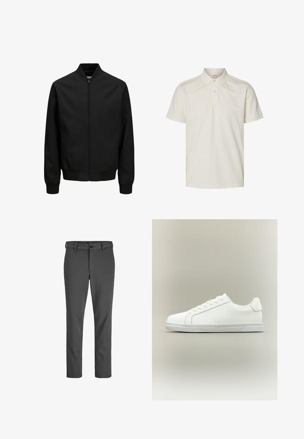 Veste bomber noire avec fermeture éclair à l'avant, col, poignets et ceinture côtelés, manches longues et finition lisse.; Polo à manches courtes couleur écru avec deux boutons et un col côtelé, présenté sur un fond blanc uni.; Pantalons gris ajustés en tissu lisse, dotés d'une fermeture à bouton et de passants de ceinture, avec une coupe droite et sans motifs visibles.; Baskets blanches basses à lacets sur l'avant avec semelle en caoutchouc texturée, sur fond neutre uni.