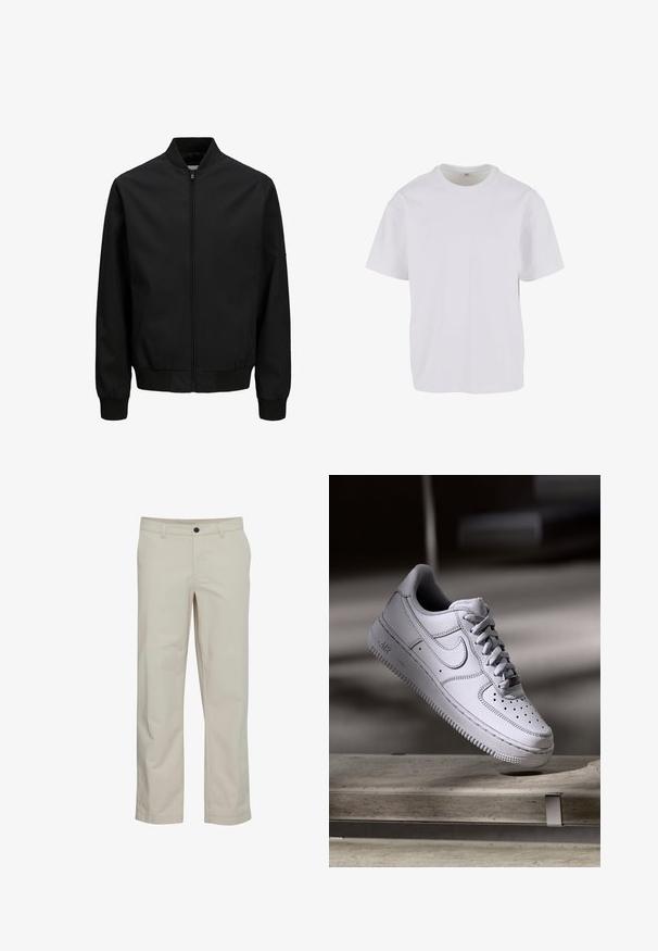 Chaqueta bomber negra con cremallera frontal, cuello, puños y cinturilla acanalados, mangas largas y acabado liso.; Camiseta blanca de manga corta hecha de algodón suave, con un cuello redondo y un corte relajado con dobladillo recto. Sin patrones ni acentos visibles.; Pantalones de algodón beige con diseño de pierna recta, bolsillos delanteros y cierre de un solo botón. Textura suave y detalles mínimos de costuras.; Zapatilla Nike Air Force 1 de cuero blanco que presenta una puntera perforada, cordones planos y una suela de goma texturizada con la marca "AIR" en el lateral.