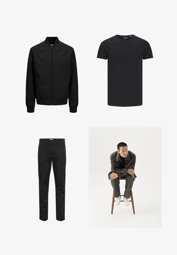 Veste bomber noire avec fermeture éclair à l'avant, col, poignets et ceinture côtelés, manches longues et finition lisse.; T-shirt en coton noir avec un col rond, des manches courtes et un design simple. Texture lisse, sans motifs ni éléments visibles.; Chinos en coton noirs avec une coupe droite, dotés d'une fermeture à bouton sur le devant, de passants de ceinture et de poches latérales pour plus de fonctionnalité.; Jeune homme en veste en cuir foncée et jean, assis sur un tabouret en bois, penché en avant, les bras croisés, regardant sur le côté sur fond blanc.