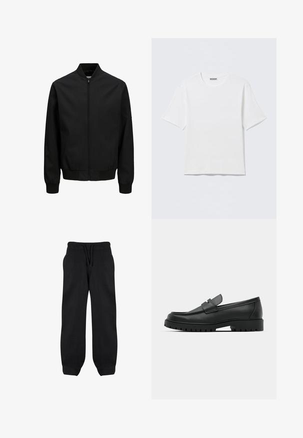 Chaqueta bomber negra con cremallera frontal, cuello, puños y cinturilla acanalados, mangas largas y acabado liso.; Camiseta blanca lisa de manga corta con cuello redondo y una pequeña etiqueta "WEEKDAY" en el interior del cuello trasero, mostrada sobre una superficie plana.; Pantalones de chándal negros con cintura elástica, cordón y bolsillos laterales. Fabricados con una tela suave, tienen un corte holgado y tobillos ajustados.; Mocasines de cuero negro con punta redonda, que cuentan con un diseño cosido, suela de plataforma baja y una suela de goma texturada y con tacos.