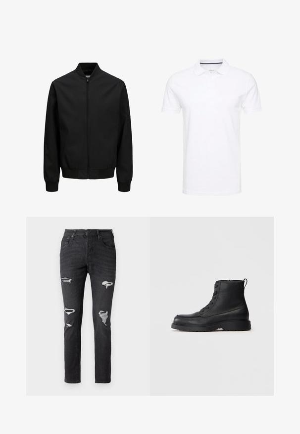 Sort bomberjakke med frontlynlås, ribbet krave, manchetter og linning, lange ærmer og en glat finish.; Hvid polo t-shirt lavet af bomuld, med en traditionel krave, korte ærmer og en tre-knap lukning med diskrete marineblå accenter på indersiden.; Sorte denim jeans med en slim fit, der har flere slidte områder og synlige lapper ved knæene. Klassisk fem-lomme design.; Sorte struktureret læder ankelstøvle med snørebånd, tykk sål og løkke bagpå, set fra siden.