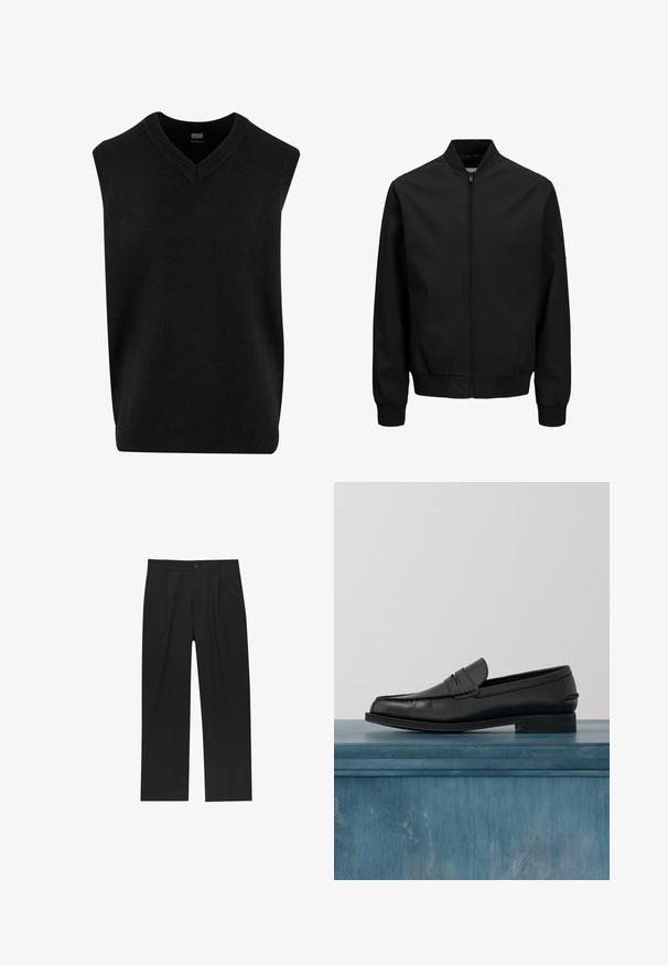 Veste bomber noire avec fermeture éclair à l'avant, col, poignets et ceinture côtelés, manches longues et finition lisse.; Pull noir sans manches avec un col en V, fabriqué dans un matériau doux, présentant un col et un ourlet inférieur côtelés. Design simple et classique.; Pantalons noirs au design droit, fabriqués à partir d'un tissu lisse. Dotés de plis sur le devant et d'une fermeture à un bouton à la taille.; Mocassins noirs en cuir avec un design élégant, comportant un bout cousu et une finition lisse. La chaussure possède un talon bas et un minimum de détails.