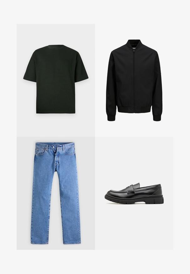 Chaqueta bomber negra con cremallera frontal, cuello, puños y cinturilla acanalados, mangas largas y acabado liso.; Camiseta de manga corta verde oscuro con cuello redondo. Hecha de una tela suave, cuenta con un ajuste relajado y sin patrones o acentos visibles.; Vaqueros de mezclilla azul claro con diseño de pierna recta, cinco bolsillos y cierre de dos botones. Presentan un desvanecimiento mínimo y costuras en contraste.; Mocasin de cuero negro con una cinta ancha en el empeine, suela de goma con tacos gruesos y textura suave. Diseño clásico y elegante.
