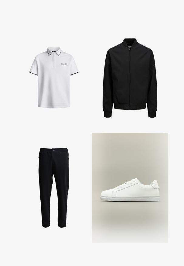 Veste bomber noire avec fermeture éclair à l'avant, col, poignets et ceinture côtelés, manches longues et finition lisse.; Polo shirt blanc avec un col classique, des manches courtes, mettant en avant des accents noirs sur les manches et le logo "Red Bull Racing" sur la poitrine.; Pantalons de jogging noirs avec une taille élastique, poches zippées sur les côtés et jambes fuselées. Fabriqués en tissu doux avec une texture lisse.; Baskets blanches basses à lacets sur l'avant avec semelle en caoutchouc texturée, sur fond neutre uni.