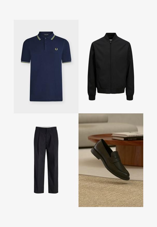 Veste bomber noire avec fermeture éclair à l'avant, col, poignets et ceinture côtelés, manches longues et finition lisse.; Polo bleu marine à manches courtes avec patte à deux boutons, col et poignets rayés, et petit logo laurier jaune sur la poitrine.; Pantalon noir à jambes droites avec taille, passants de ceinture, fermeture éclair à l'avant et poches latérales, présenté sur fond blanc.; Chaussure mocassin en cuir noir présentée en suspension au-dessus d'un tapis beige tissé, avec une table en bois et des livres empilés dans un salon doucement éclairé.