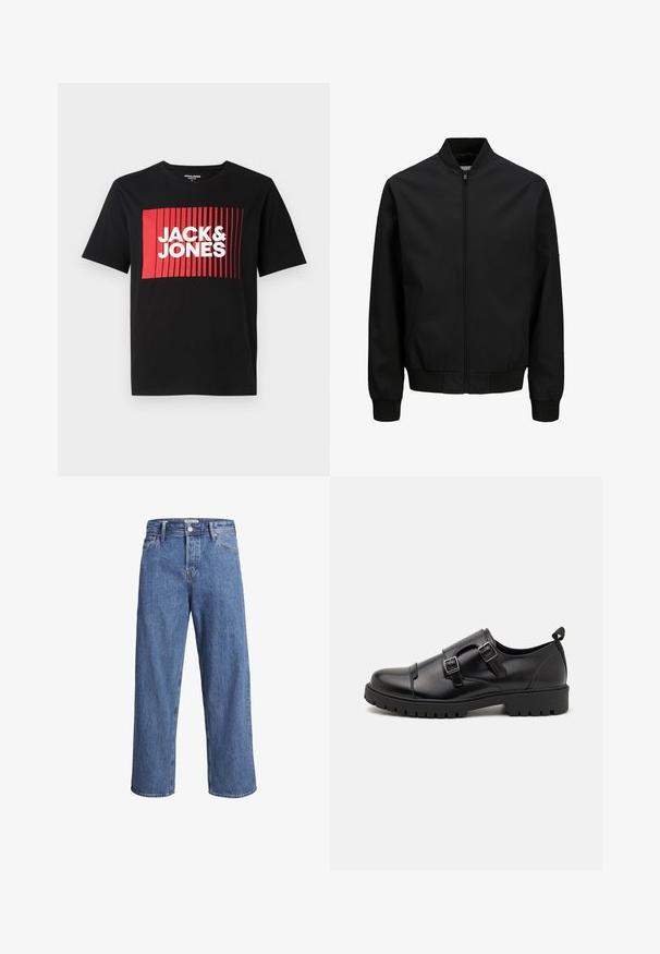 Sort bomberjakke med frontlynlås, ribbet krave, manchetter og linning, lange ærmer og en glat finish.; Sort t-shirt med korte ærmer, der har et rødt rektangulært grafisk design med lodrette linjer og teksten "JACK & JONES" i hvid.; Lysblå denimjeans med en lige ben-design, høj talje og minimale syninger. Stoffet har en blød, let falmet tekstur.; Pier One Business loafers - black