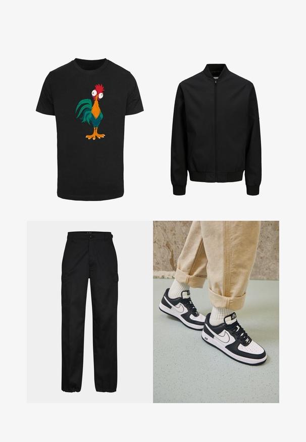 Schwarze Bomberjacke mit frontalem Reißverschluss, geripptem Kragen, Bündchen und Bund, langen Ärmeln und glattem Finish.; Schwarzes T-Shirt mit einem bunten Cartoon-Hahn-Design, das übertriebene Merkmale und große Augen zeigt, mit orangefarbenen, grünen und roten Akzenten.; Schwarze Cargo-Hosen mit geradem Schnitt, ausgestattet mit Seitentaschen, einem Knopfverschluss und elastischen Bündchen an den Knöcheln. Hergestellt aus strapazierfähigem Material.; Schwarz-weiße Nike Air Force 1 Sneaker mit einem Obermaterial aus Leder, perforierter Zehenpartie und strukturiertem Sohlendesign, getragen mit aufgerollten beigen Hosen und weißen Socken.