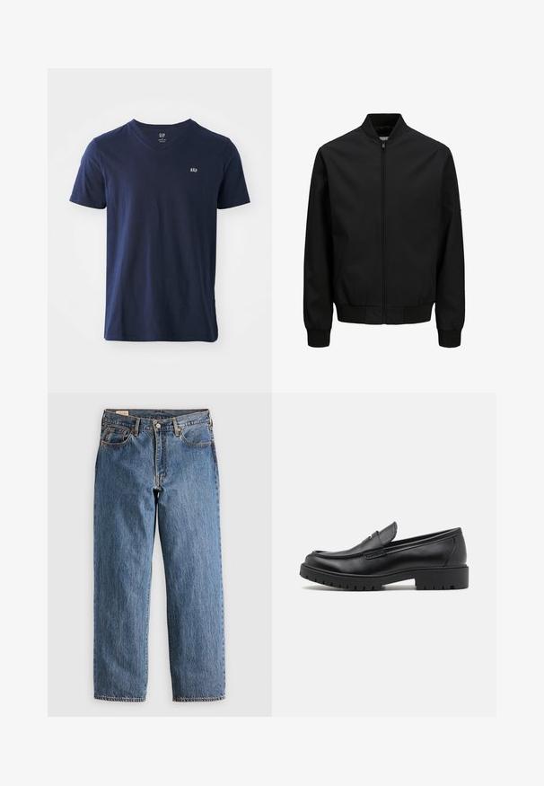 Veste bomber noire avec fermeture éclair à l'avant, col, poignets et ceinture côtelés, manches longues et finition lisse.; T-shirt en coton bleu marine avec un col en V, des manches courtes et un petit logo brodé sur la poitrine. Texture douce et design décontracté.; Jeans en denim bleu avec une coupe droite, présentant une taille haute, des rivets en cuivre et des coutures orange. Poches avant et arrière incluses.; Mocassins en cuir noir avec un bout arrondi, un design à enfiler et une semelle en caoutchouc épaisse avec une texture antidérapante. Talon surélevé et détails de surpiqûre subtils.
