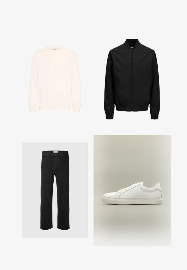 Sort bomberjakke med frontlynlås, ribbet krave, manchetter og linning, lange ærmer og en glat finish.; Langærmet skjorte i off-white bomuld med rund hals og elastiske manchetter, der har et minimalistisk design og blød tekstur.; Sorte denim straight-leg jeans har et klassisk fem-lomme design med knaplukning, minimal syning og en blød tekstur.; Hvid lavtop sneaker med snørebånd foran og tyk sål, vist fra siden mod en neutral baggrund.