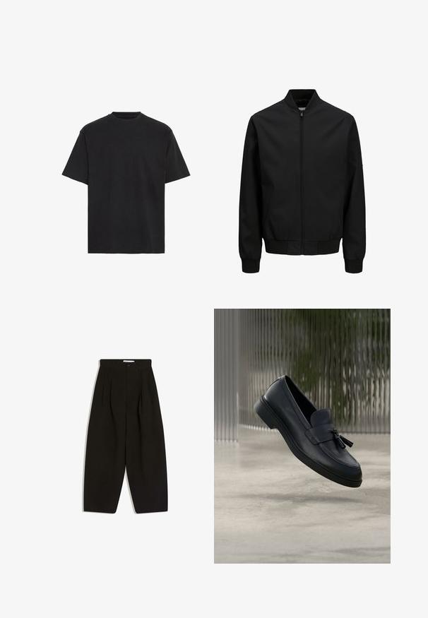 Schwarze Bomberjacke mit frontalem Reißverschluss, geripptem Kragen, Bündchen und Bund, langen Ärmeln und glattem Finish.; Schwarzes Baumwoll-T-Shirt, kurze Ärmel, Rundhalsausschnitt, leicht, lockere Passform, glatte Textur, keine sichtbaren Muster oder Akzente.; Schwarze, weit geschnittene Hosen aus weichem Stoff, mit plissiertem Vorderteil, Knopfverschluss und Seitentaschen für zusätzliche Funktionalität.; Schwarze Leder-Loafer mit glatter Textur, gerundeter Zehenpartie und dekorativen Quasten vorne. Flexible Gummisohle mit niedrigem Absatz.