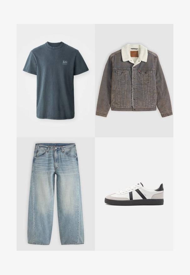 Braune Jeansjacke mit weißem Sherpa-Futter und Kragen, Knopfleiste vorne, Brustklappentaschen und seitlichen Einschubtaschen für die Hände.; Dunkelgraues Baumwoll-T-Shirt mit Rundhalsausschnitt, kurzen Ärmeln und einem kleinen aufgedruckten Logo auf der linken Seite. Klassische Passform mit geradem Saum.; Hellblaue Jeans mit weitem Bein, Vordertaschen, Gürtelschlaufen, Knopfverschluss und dezentem Verblassen an den Oberschenkeln vor einem schlichten Hintergrund.; Weiße Sneaker mit schwarz- und grau-aczenten, ausgestattet mit einer strukturierten grauen Zehenkappe, schwarzer Gummi-Sohle und flachen weißen Schnürsenkeln. Sauberes Design, minimalistische Stil.