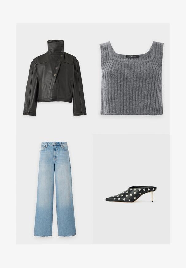Zwarte leren jas met hoge kraag en asymmetrische voorzijde met drukknoopsluiting, lange mouwen en twee zijzakken.; Weekend Max Mara ZURCA - Top - antracite; Lichtblauwe wijde jeans met een hoge taille, met vervaging bij de benen, riemlussen en een traditionele metalen knoop en ritssluiting.; STAND STUDIO KELSEY - Muiltjes met hak - black