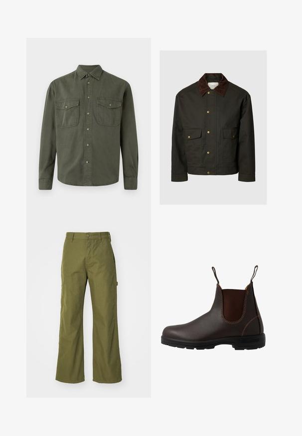 Chaqueta verde oscuro con cuello de pana marrón, botones a presión delanteros y dos grandes bolsillos de solapa con cierres de presión.; Camisa de manga larga color caqui hecha de algodón. Presenta un cierre de botones en la parte delantera, dos bolsillos en el pecho con solapas y un cuello clásico. Diseño sencillo.; Pantalones de pernera ancha en verde oliva, confeccionados con una tela resistente, que presentan un cierre de botón, bolsillos laterales y un diseño de dobladillo recto.; Bota Chelsea de cuero marrón con panel elástico lateral, costuras marrones, tiradores y suela de goma resistente con un patrón texturizado.