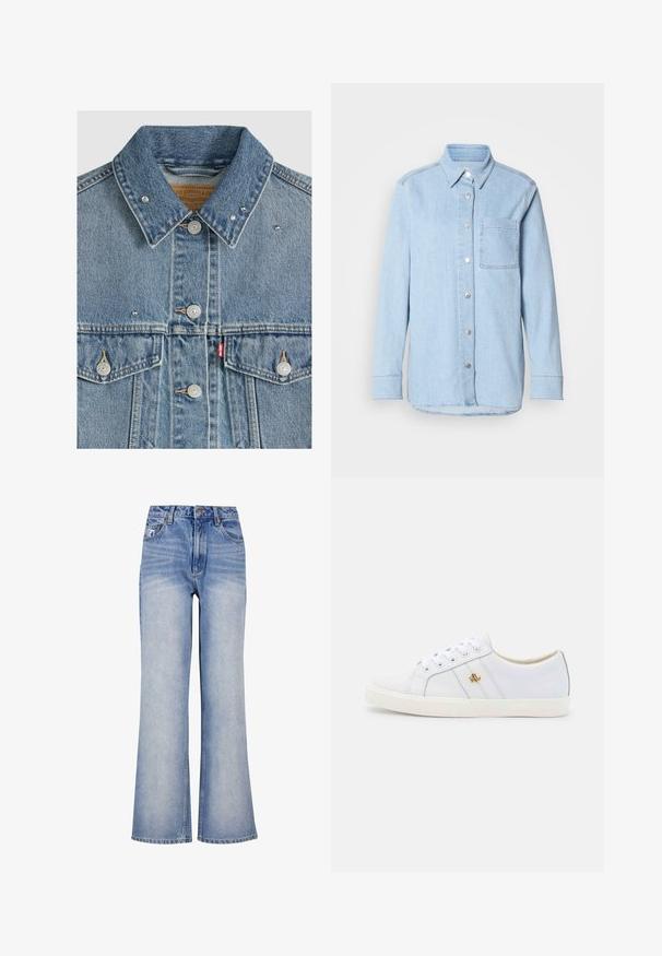 Lichtblauw spijkerjasje met metalen knopen, twee borstzakken, metalen studs op de kraag en een rood Levi's stoffen label op de linkerzak.; Lichtblauwe denim shirt met een knoopsluiting aan de voorkant, puntige kraag, één borstzak en lange mouwen met knoopmanchetten.; Lichtblauwe denim wijde jeans hebben een hoge taille, knoopsluiting, subtiele vervaging en een klassiek design met vijf zakken.; Lauren Ralph Lauren JANSON II ACTION LEATHER SNEAKER - Sneakers laag - real white