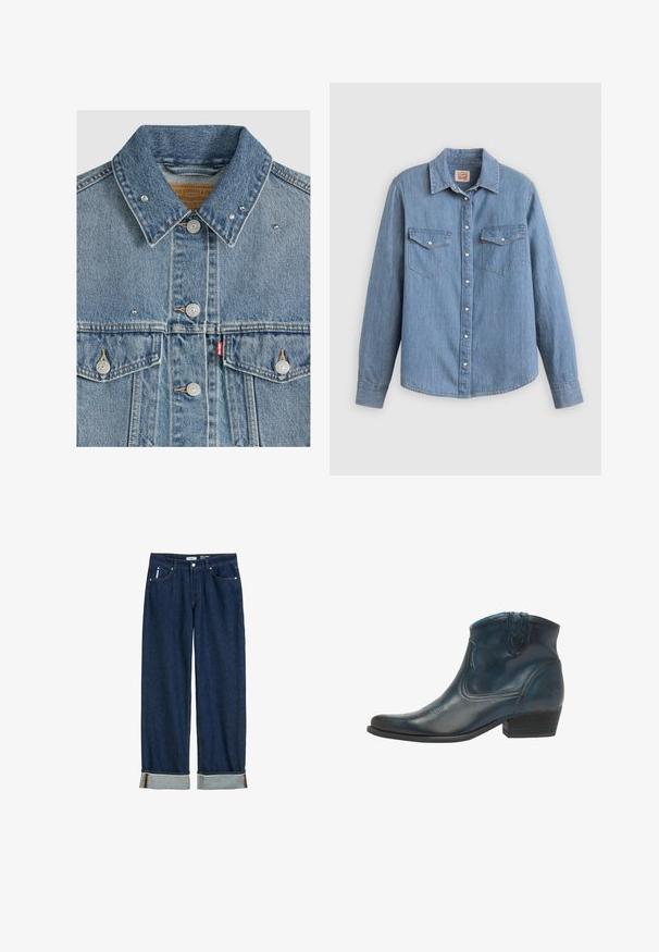 Lichtblauw spijkerjasje met metalen knopen, twee borstzakken, metalen studs op de kraag en een rood Levi's stoffen label op de linkerzak.; Lichtblauw spijkerhemd met lange mouwen, knoopsluiting aan de voorkant, twee borstzakken en een klassieke kraag. Soepele textuur en een ontspannen pasvorm.; Donkerblauwe denim jeans met een rechte pijp, opgerolde boorden, zichtbare stiksels en een klassieke vijf-vakkenstijl.; Cowboyenklaar met een donkerblauwe leren uitvoerig, met een puntige neus, gebogen accenten en een lage gestapelde hak met subtiele stiksels.