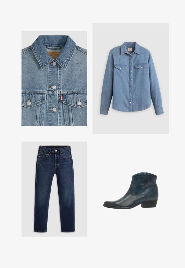 Hellblaue Jeansjacke mit Metallknöpfen, zwei Brusttaschen, Metallnieten am Kragen und rotem Levi's Stoffetikett an der linken Tasche.; Hellblaues Jeanshemd mit langen Ärmeln, Knopfleiste vorne, zwei Brusttaschen und klassischem Kragen. Glatte Textur und lockere Passform.; Dunkelblaue Jeans aus Denim mit geradem Bein-Design. Verfügt über einen Reißverschluss mit Knopfverschluss, fünf Taschen und kontrastierende Nähte.; Cowboy-Stiefel aus dunkelblauem Leder, mit spitz zulaufender Zehenpartie, geschwungenen Akzenten und einem niedrigen, gestapelten Absatz mit dezenten Nähdetails.