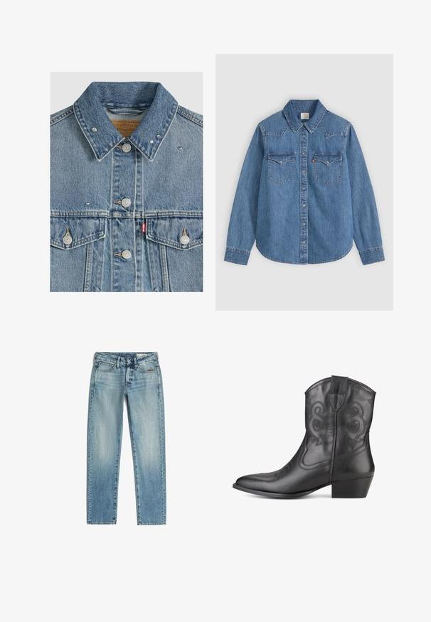 Hellblaue Jeansjacke mit Metallknöpfen, zwei Brusttaschen, Metallnieten am Kragen und rotem Levi's Stoffetikett an der linken Tasche.; Langärmliges blaues Jeanshemd mit Knopfleiste, spitzem Kragen und zwei Brusttaschen mit Klappe auf hellem Hintergrund.; Hellblaue schmale gerade Jeans mit Vordertaschen und Gürtelschlaufen, flach auf weißem Hintergrund liegend.; Schwarze Leder-Cowboy-Stiefel mit spitzem Zehenbereich, dekorativer Stickerei am Schaft und einem geschichteten Absatz. Glatte Textur und keine sichtbaren Beschläge.