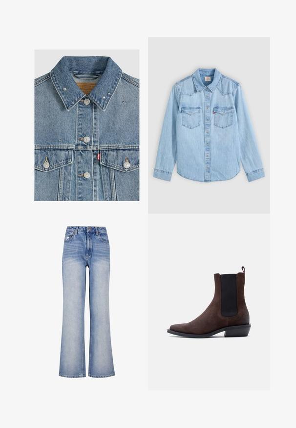 Chaqueta vaquera azul claro con botones de metal, dos bolsillos en el pecho, tachuelas de metal en el cuello y etiqueta de tela roja Levi's en el bolsillo izquierdo.; Camisa vaquera azul claro de manga larga con cierre de botones, dos bolsillos en el pecho con solapas y un cuello clásico puntiagudo sobre un fondo gris.; Jeans de mezclilla de un azul claro, de pierna ancha, con cintura alta, cierre de botón, un ligero desvanecimiento y un diseño clásico de cinco bolsillos.; Bota Chelsea de ante marrón con panel elástico lateral negro, lengüeta en la parte trasera, tacón bajo y punta cuadrada sobre fondo blanco.