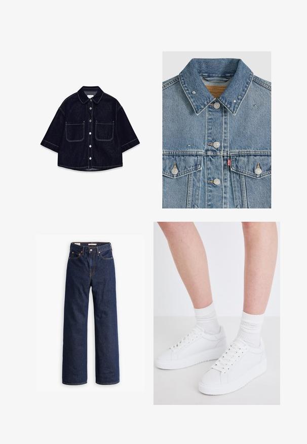 Lichtblauw spijkerjasje met metalen knopen, twee borstzakken, metalen studs op de kraag en een rood Levi's stoffen label op de linkerzak.; Donkerdenim overhemd met korte mouwen, twee voorzakken met flappen, witte stiksels en een afgeronde kraag.; Donkerblauwe rechte spijkerbroek met vijf zakken, oranje stiksels en een knopen sluiting.; Copenhagen Studios CPH72 - Sneakers laag - white