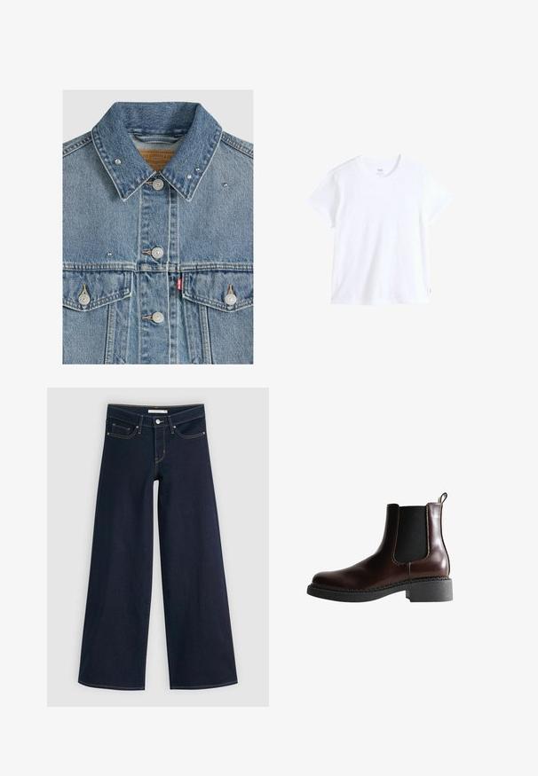 Hellblaue Jeansjacke mit Metallknöpfen, zwei Brusttaschen, Metallnieten am Kragen und rotem Levi's Stoffetikett an der linken Tasche.; Weißes Baumwoll-T-Shirt mit kurzen Ärmeln, rundem Ausschnitt und geradem Saum. Mit kleinem rotem Logostreifen an der unteren linken Seite.; Weite Jeans aus dunkelblauem Denim mit orangefarbenen Nähten, Knopfverschluss, zwei vorderen Taschen und einer glatten Textur. Verfügt über einen sauberen Saum.; Braune Leder-Boots mit elastischen Seitenteilen, runder Spitze und einer strukturierten schwarzen Gummisohle. Verfügt über kontrastierende Nähte und eine Ziehlasche.