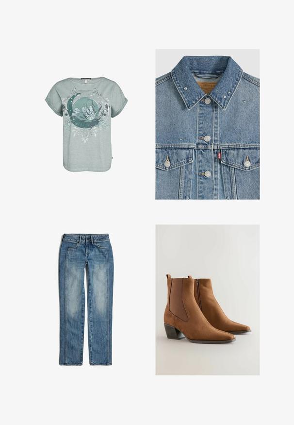 Lichtblauw spijkerjasje met metalen knopen, twee borstzakken, metalen studs op de kraag en een rood Levi's stoffen label op de linkerzak.; Korte mouwen, lichtgroene t-shirt met een bloem- en halve maan grafiek. Zachte textuur met een relaxte pasvorm en omgerolde mouwen.; Blauwe spijkerbroek met rechte pijpen, knoop en rits aan de voorkant, en twee voorzakken met vervaagde was-details.; Bruine suède enkelboots met een spitse neus, elastische zijkanten en een lage gestapelde hak. Voorzien van een rits aan één kant.