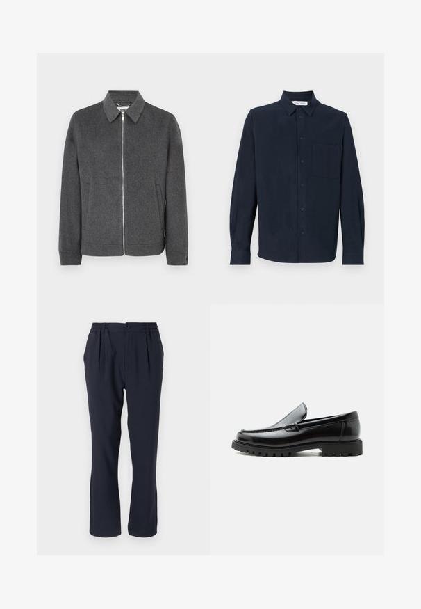 Chaqueta gris de lana con cremallera y cuello, de manga larga, con bolsillos laterales y una textura sólida. Presenta una cremallera plateada y una etiqueta de logo en el interior.; Camisa de manga larga azul marino hecha de tela suave, con un cierre de botones en la parte delantera, cuello puntiagudo y un bolsillo en el pecho.; Pantalones azul marino hechos de una tela suave con una cinturilla elástica, que cuentan con pliegues frontales y un diseño de pierna recta.; Mocasín de cuero negro con suela de goma gruesa, empeine cosido y nombre de la marca en relieve en el talón, mostrado en perfil lateral sobre fondo blanco.