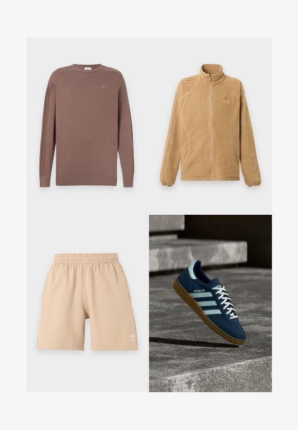 Veste polaire beige à fermeture éclair intégrale avec col haut, manches longues ornées de trois rayures cousues, et un petit logo Adidas sur la poitrine.; Pull en tricot marron avec un col rond, un ourlet côtelé et des détails en tresses texturées le long des épaules. Il présente un petit logo sur la poitrine.; Shorts beige à taille élastique avec poches latérales et petit logo Adidas blanc sur la jambe gauche, présentés sur un fond uni.; Baskets Adidas Spezial bleues avec des rayures et des lacets blancs, semelle en gomme, flottant au-dessus d'une surface en béton rugueuse et des marches en arrière-plan.