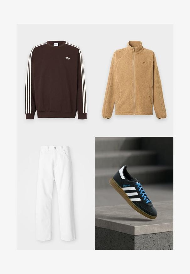 Beige fleecejakke med fuld lynlås, høj krave, lange ærmer med tre syede striber og et lille Adidas-logo på brystet.; Mørkebrun Adidas-sweatshirt med hvide tre striber langs ærmerne og hvid Adidas trebladet logo på brystet.; Hvide denimbukser med lige ben-design, der har en frontknap og lynlås lukning, fem lommer og en ren, tekstureret overflade.; Sort Adidas sneaker med hvide striber, blå snørebånd og gummisål, der svæver over gråt betontrin i blødt lys.