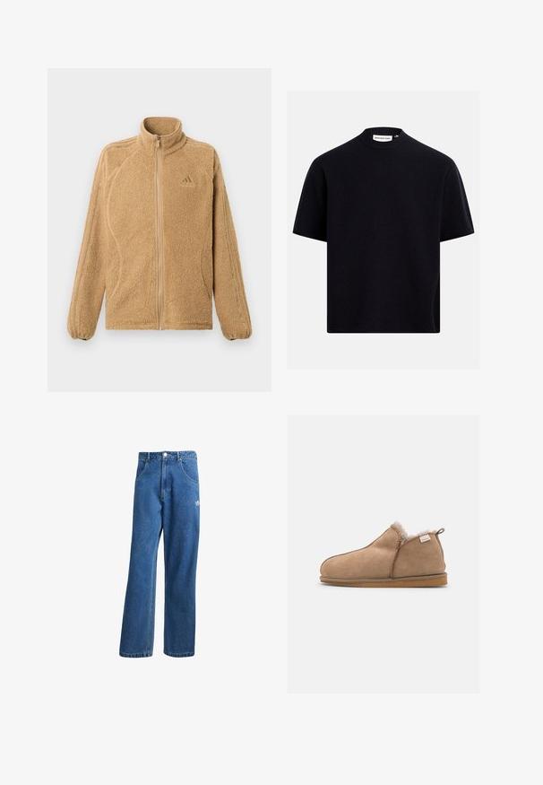 Beige fleecejakke med fuld lynlås, høj krave, lange ærmer med tre syede striber og et lille Adidas-logo på brystet.; Sort kortærmet strikket trøje med ribstrikket rund hals og tekstureret stof, mærket "Redefined Rebel".; Blå højtaljede viddebukser i denim med forlommer, bælteløkker, knaplukning og lille Adidas-logo på højre lår.; Brune ruskinds slippers med blød fleeceforing, rund tå og minimal syning. Har en gummisål og en lille strop bagpå.
