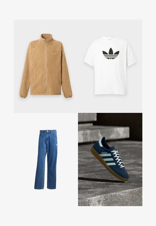 Béžová fleecová bunda na zips so vysokým golierom, dlhými rukávmi, ktoré majú tri našité pruhy, a malým logom Adidas na hrudi.; Biela bavlnená tričko s veľkým čiernym logom Adidas trefoil a tromi horizontálnymi pruhmi pod ním. Krátke rukávy, okrúhly výstrih.; Modré riflové nohavice s vysokým pásom a širokým strihom, s prednými vreckami, pútkami na opasok, zapínaním na gombík a malým logom Adidas na pravej stehne.; Modré tenisky Adidas Spezial s bielymi pruhmi a šnúrkami, gumovou podrážkou, plávajúce nad drsným betónovým povrchom a schodmi v pozadí.