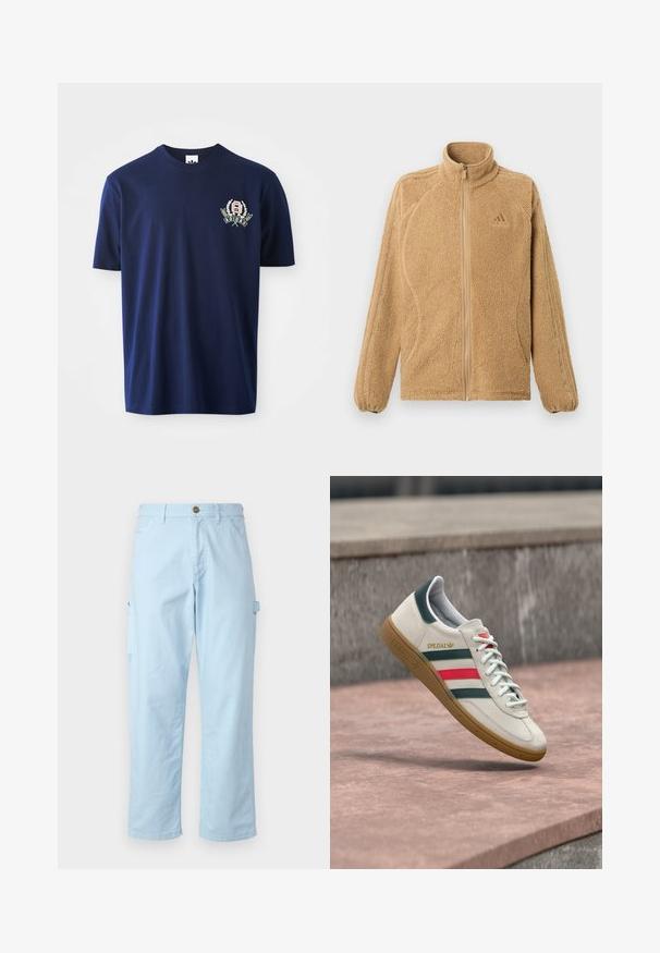 Beige fleecejakke med fuld lynlås, høj krave, lange ærmer med tre syede striber og et lille Adidas-logo på brystet.; Mørkeblå bomulds t-shirt med korte ærmer, rund halsudskæring og broderet logo med laurbær detaljer på venstre bryst.; Lyseblå cargo-bukser lavet af blødt bomuld med lige snit, der har sidelommer og knaplukning i taljen.; Hvid Adidas sneaker med grønne og røde striber, gummisål og "SPEZIAL" branding, der svæver over stensat belægning.