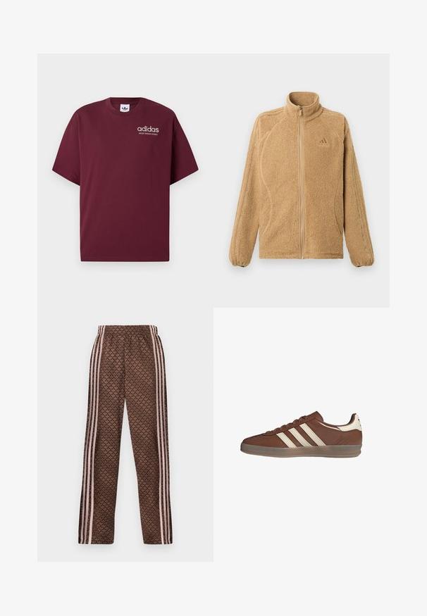 Chaqueta de forro polar beige con cremallera completa, cuello alto, mangas largas con tres franjas cosidas y un pequeño logo de Adidas en el pecho.; Camiseta de manga corta burdeos hecha de algodón. Presenta un cuello redondo y un pequeño logo blanco de "adidas" con "SPORT DESIGN STUDIO" debajo.; Pantalones de chándal marrones con rayas verticales en rosa claro en los laterales y patrón repetido de hojas por todo el tejido, cintura elástica y corte recto en las piernas.; Zapatilla de piel marrón baja con rayas blancas y lengüeta en el talón, suela translúcida y cierre de cordones sobre un fondo blanco.