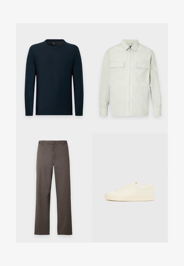 Veste gris clair en matériau léger, dotée d'une fermeture éclair complète, de deux poches avant et d'un design minimaliste avec un logo de marque subtil sur la manche.; Pull à manches longues bleu marine à col rond, coupe slim, avec un détail subtil de couture verticale au centre.; Pantalon en coton marron avec une coupe droite, doté de passants de ceinture et une texture lisse. Aucun motif visible ni détail de quincaillerie.; Baskets couleur crème avec une tige en cuir lisse, bout arrondi, laçage à l'avant et semelle en caoutchouc texturée. Design minimaliste, sans logo.