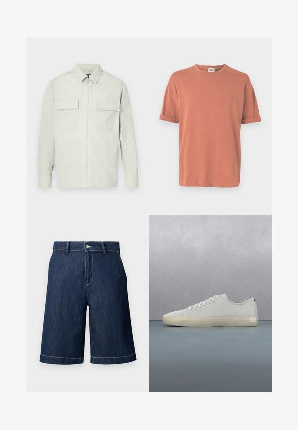 Veste gris clair en matériau léger, dotée d'une fermeture éclair complète, de deux poches avant et d'un design minimaliste avec un logo de marque subtil sur la manche.; T-shirt à manches courtes de couleur rose poussière, en tissu doux, avec un col rond et des manches retroussées, offrant une coupe décontractée.; Short en denim bleu foncé avec poches avant, passants pour ceinture, fermeture par bouton et surpiqûres blanches visibles sur un fond clair.; Baskets en cuir blanc avec lacets flottant au-dessus de carreaux en bois carrés et de petits cailloux, avec un arbre et un fond gris.